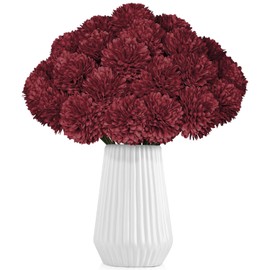 36 piezas de crisantemos artificiales de color burdeos, flores rojas falsas mamás flores de bola de seda para decoración de hogar de otoño, centro de mesa para boda, arreglos florales de