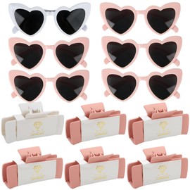 12pcs Bridesmaid Proposal Gifts 4.1inch square Bachelorette hair Claw Clip heart Sunglasses set of 6 Girls Trendy gift for Wedding Party Favors(White&Pink)