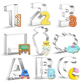 Schulanfang Ausstechform,9Pcs Schuleinführung Plätzchen Ausstecher,Edelstahl Einschulung Keksausstecher,Lehrer Keksschneider,Cookie Cutter aus Zuckertüten ABC 123 Buch schwarzes Brett