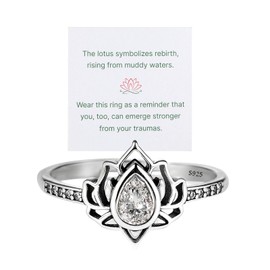 FK MY TRAUMA LOTUS RING, 925 Sterling Silver Lotus Flower Promise Rings Zircon Inlaid Begin Again Inspirational Ring Reminds You To Let Go of Your Trauma in a Playful Way No Mud No Lotus Ring Jewelry Gifts for Women(White)