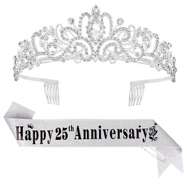 YARIEW 25th Anniversary Decorations, Silver Crown and Happy 25th Anniversary Sash Set, Tiara Crown Sash for 25th Wedding Anniversary Decorations Gifts for Women