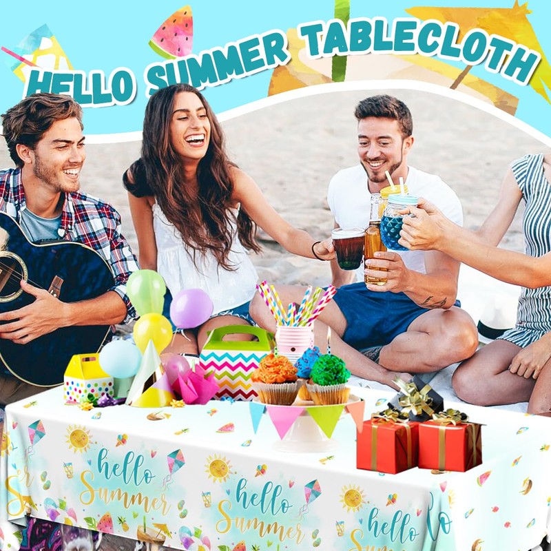 3Pcs Summer Tablecloths-Hello Summer Decorations Pool Party Beach Disposable Rectangle