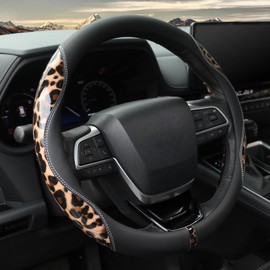 Leopard Steering Wheel Cover for Women, 15 Inch Leather, Brown