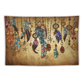 Retro Feather Tapestry Wall Hanging,Aztec Native American Navajo Ethnic Tribal Design Wall Hanging Tapestry Wall Art Home Décor for Bedroom Living Room Dorm Wall Décor 90" x 60"