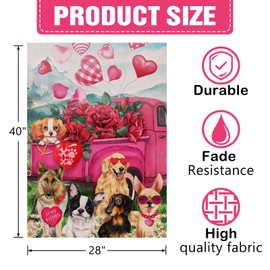 Dyrenson Valentine's Day Pink Rose Daisy Flower Red Truck Dogs Decorative House Flag, Polka Dots Floral Garden Yard Buffalo Plaid Heart Outside Love Decoration,Spring Holiday Outdoor Large Decor 28x40