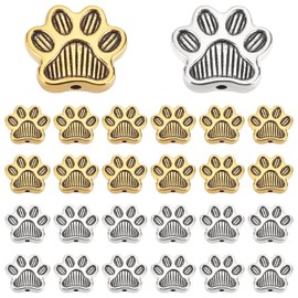 PH PandaHall 80pcs Cute Dog Paw Beads, Metal Animal Footprint Charms Tibetan European Spacer Beads for DIY Crafts Earring Bracelet Jewelry Making, Antique Silver/Golden, Hole: 1.4mm