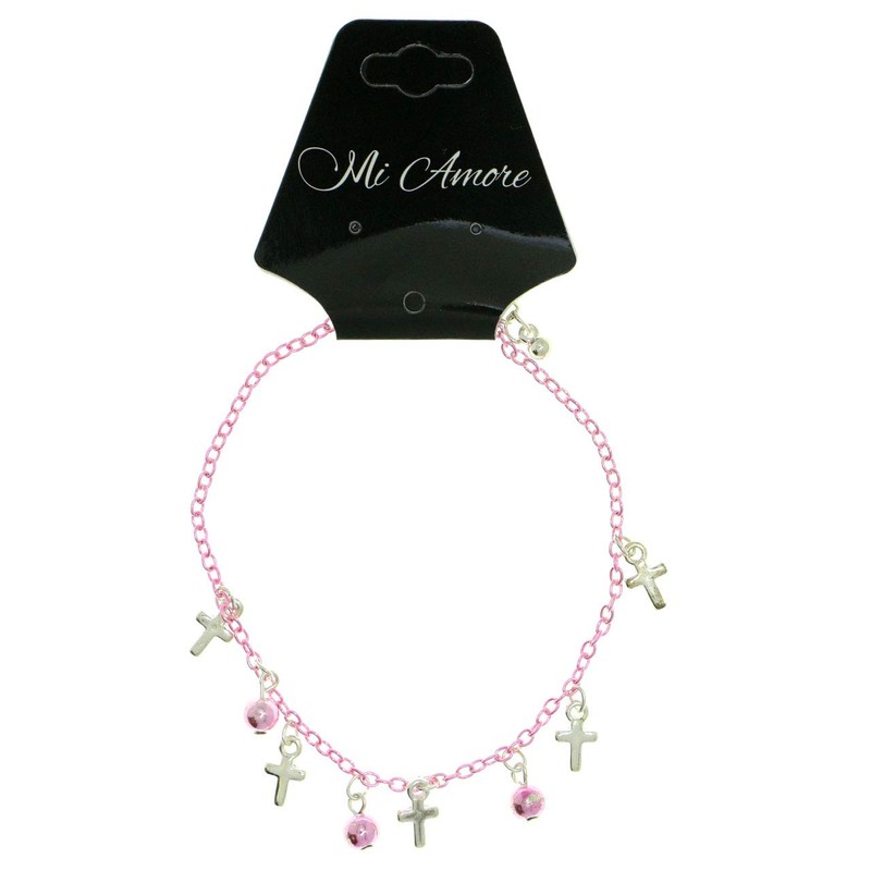 Mi Amore Pink Ankle Bracelet Pink Spherical & Silver-Tone Cross