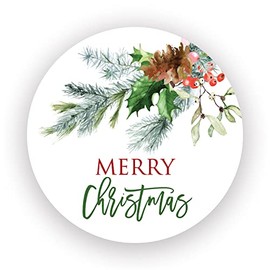2" Round Winter Greenery Merry Christmas Stickers (40 Labels)