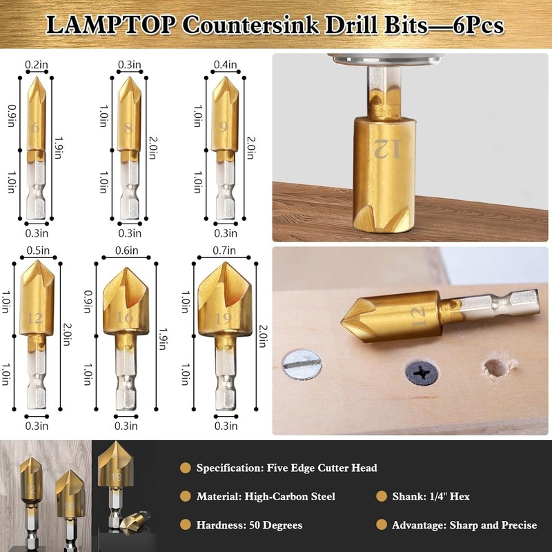 LAMPTOP 26-Pack Woodworking Tools and Accessories Including Countersink Drill Bits,
