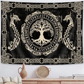 Viking Dragon Totem Life Tree Rune Tapestry, Ancient Runic Mythology Wall Art Tapestry, Black and White Mysterious Geometric Mythology Tapestry Wall Hanging Living Room Bedroom Decor 60 X 40 IN