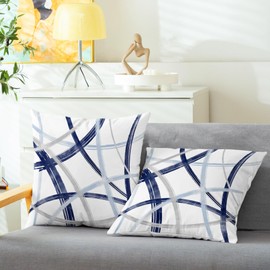 CaliTime Throw Pillow Cases Pack of 2 Cozy Fleece Arc-Shaped Abstract Geometric Lines Decorative Cushion Covers for Couch Bed Sofa Farmhouse Decoration 16 X 16 Inches Navy Baby Blue Grey