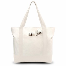 TOPDesign 6-Pack Stylish Canvas Tote Bag with an External Pocket, Top Zipper Closure, Daily Essentials (Natural)