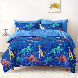Wake In Cloud - Dinosaur Bedding Set for Boys, Colorful Dino Skeleton Fossil, Soft Lightweight Comforter Set with Sheets, 5 Pieces Kids Bed in a Bag, Navy Blue, Twin Size