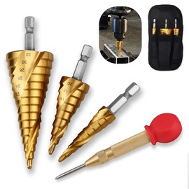 Sukudon 4pc Spiral Grooved Step Drill Bit Set High Speed Steel Titanium Coated Hole Cutter Power Tools for Wood Metal Stainless Steel with Center Punch