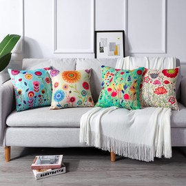 Artscope Waterproof Cushion Covers, Pack of 4, Floral Pattern Cushion Cover, Breathable Cushion Case for Outdoor, Balcony, Patio, Garden, Farmhouse Decor, 50 x 50 cm