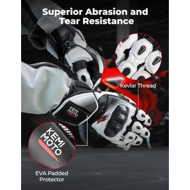 KEMIMOTO Leather Motorcycle Gloves for Men and Women, Riding Racing Gloves with ESA Cushioning Kevlar Carbon Fiber Knuckle Protection for Dirt Bike Motorbike Outdoor Sports