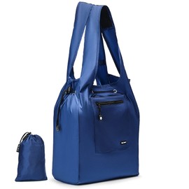 Premium Reusable Grocery Bag – Bag Factor Heavy Duty Foldable Shopping Bag Tote (Navy Blue with Closure, Small)