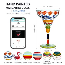 YY Hand Painted Margarita Glass - Moroccan Collection - Hand Painted Glassware by Artists - Unique and Decorative Margarita Glasses, Kitchen Table Décor (Geometric)
