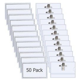 Pack of 50 Name Badges, Transparent, 90 x 56 mm, Name Tags for Clothes, Name Plate Case with Clip for Schools and Office