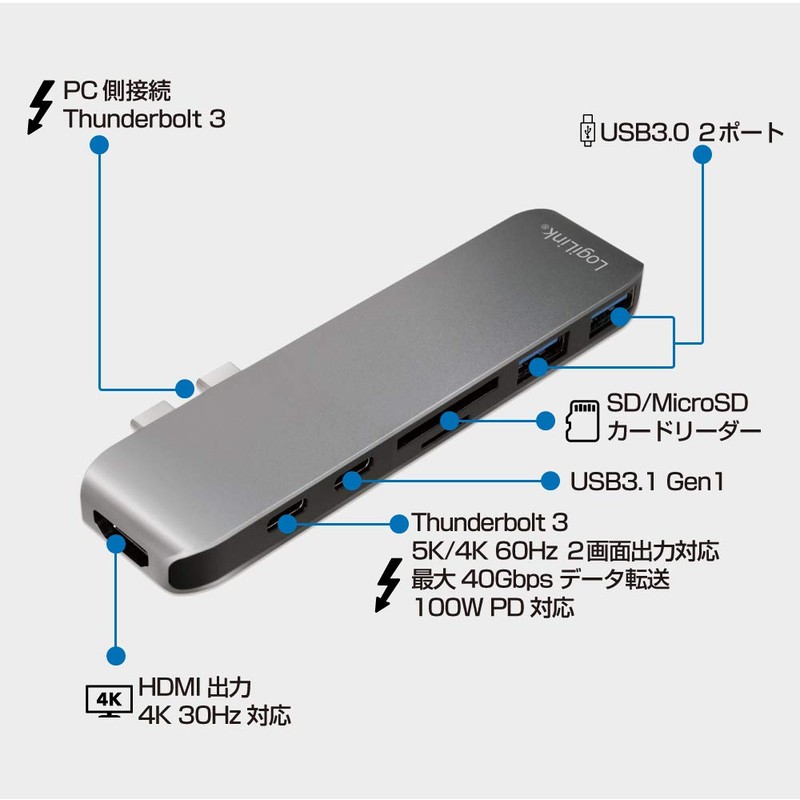 LogiLink Type-C Aluminum Body Multifunction Hub USB3.0/SD/Micro SD/Thunderbolt 3/4K HDMI