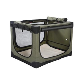 Deekuiwi 33-Inch Collapsible Travel Dog Crate, Portable 4-Door Soft Kennel for Medium to Large Dogs, Chew-Proof Mesh Windows, Indoor/Outdoor Use, Foldable, with Storage Bag (Green)