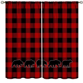 ZhiRain Plaid Bear Curtains Black Red Buffalo Plaid Rustic Bear Vintage Cabin Farmhouse Country Curtain with Rod Pocket for Bedroom Living Room Drapes Window Treatments 2 Panels Set 42" W X 45" L