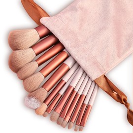 Eowppue Makeup Brush Set, 13 Pieces, Make-Up Brush Set, Premium Synthetic Make-Up Brush Set for Powder, Concealer, Highlighter, Foundation, Eyeliner, Eyeshadow (Pink with Storage Bag)