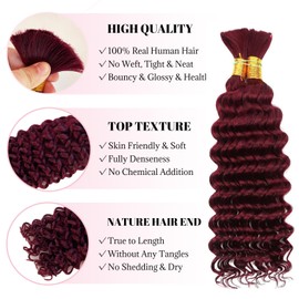 Belaved Human Braiding Hair Burgundy Boho Braids Deep Water Wave Bulk100g Curly Hair Extensions Braiding Knotless No Weft 10A Brazilian Bohemian 2 Bundles/Pack Red 20Inch
