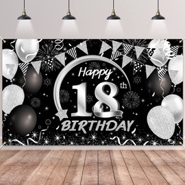 18th Birthday Backdrop Banner,BTZO Happy 18th Birthday Decorations,Black Silver Large Fabric Photo Backdrop Background for Boys Men Women 18th Birthday Party,180×110cm