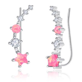 KINGWHYTE Cilmber Earrings for Women 925 Sterling Silver Star Earrings Pink Opal Earrings Ear Climbers Cuffs Crawler Opal Jewellery for Women Teenage Girls