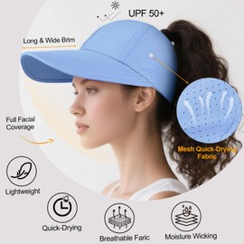 Womens Sun Hat Large Wide Brim Criss Cross Ponytail Baseball Cap Lightweight Quick Dry Outdoor Sports Travel Beach Hats Dusty Blue