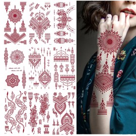 10 Sheets Brown Henna Tattoo Stickers Waterproof Women Lace Fake Tattoos for Wedding Masquerade Party Festival Body Art Decorations
