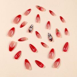 Christmas Press on Nails Almond Shaped Glossy Full Cover Acrylic Medium Length Almond Red French False Nails with Snowman Designs Artificial Xmas Fake Nails with Glue ons Fingernails for Women Girls