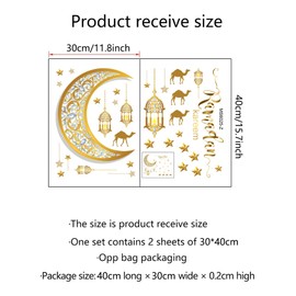 Ramadan Kareem Wall Decal Set, Gold Crescent Moon with Lanterns Camel and Stars, Ramadan Decorations for Home,Removable Islamic Home Decorations（Gold）