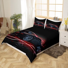 Feelyou Racing Car Bedding Set for Boys Kids Teens Men, Extreme Speed Sports Themed Comforter Cover, Competition Bedroom Decor Twin Size 2 Pcs (1 Duvet Cover +1 Pillow Shams), Luxury Black Red