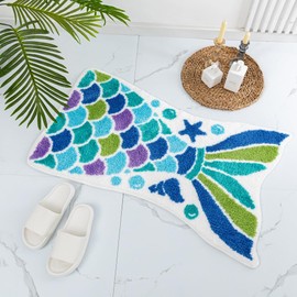 Cute Mermaid Bath Mat Funny Blue Ocean Fish Mermaid Scales Tail Shape Bath Rugs for Bathroom Non-Slip Soft Thick Microfiber Absorbent Bathroom Decor Mat Doorway Carpet for Shower Bathtub 39.4x23.6in