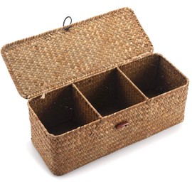DOKOT Seagrass Woven Storage Basket with Lid, Rectangular Narrow Tampon Toilet Tank Organizer