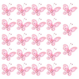 PATIKIL 24Pcs Butterflies for Crafts, 2.2" Mesh Wire Glitter Butterfly Organza Butterflies for DIY Craft Home Decor Clothing Wedding Decoration, Light Pink