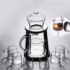 Fire Kirin Lazy Kungfu Glass Tea Set, Semi Automatic Drip Rotating Glass Teapot Suit, Home/Office Wooden Teapot with 6pcs Cups (CLEAR, Teapot set)