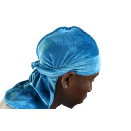 Slippery Apparel | Velvet Durag (20+ Colors) 360 Waves Extra Long Straps for Men + Wave Cap (Baby Blue)