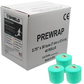 Shield Athletic Underwrap | Bulk Case of 48 Rolls of PreWrap, Hair Tie, Headband, Patellar Support, Pre-Wrap Athletic Tape, 2.75" X 30 SYards, Foam Barrier, Flexible, Breathable (Teal)
