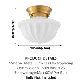 youngrender Schoolhouse Light Fixture Gold, 9" Modern Mid Century Semi Flush Mount Ceiling Light with Opal Milk Glass Shade for Bedroom, Kitchen, Dining Room, Bathroom, Hallway, Stairway, Entryway