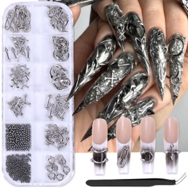 12 Grids 3D Charms for Nails,Metal Rivet Nail Art Charms Punk Style Alloy Nail Rhinestones Star Rivets Planet Gothic Retro Punk Alloy Nail Decoration Round Beads Design Nail Accessories for Women