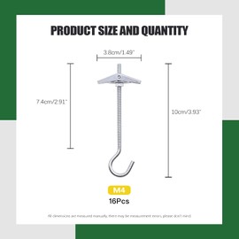 Keadic 16 Sets M4×75mm Heavy Duty Ceiling Hooks Steel Hooks with Spring Toggle Wing Screws Pot Hanger Hooks for Hanging Plants Ceiling Mount Wall Mount