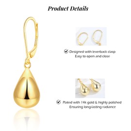 Gold Drop Earrings for Women, 14K Gold Plated Dangle Earring, Hypoallergenic Teardrop Waterdrop Dangly Earring, Small Huggie Hoop Hanging Leverback Earrings