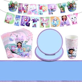 62 Pieces Gabby Birthday Decoration, Gabby Party Tableware, Gabby Birthday Plates, Gabby Cup Party, Tablecloth Birthday Girl Banner, Gabby Table Cloth Children's Birthday Girls