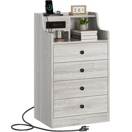ADORNEVE Grey Nightstand with Charging Station,Night Stand with Power Outlets,Bedside Table with 4 Storage Drawers,End Table with Hutch,Bed Side Tables for Bedroom