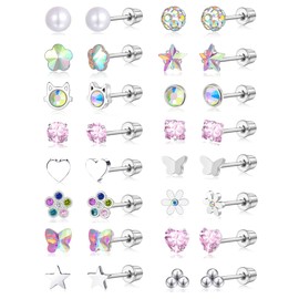Tornito 16 Pairs Screw Back Earrings For Women Stainless Steel Stud Earrings Set Heart Flower Butterfly Star Square Cat Pearl Ball CZ Tiny Small Flat Screwback Cartilage Stud Earring Multicolored 20G