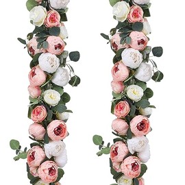 Floweroyal - Paquete de 2 guirnaldas de flores artificiales de 11.2 pies de eucalipto con flores, 8 cabezas de peonía, flores de vid de imitación para boda, arco de mesa, telón de fondo de pared, decoración de corona. (Rosa y Blanco)