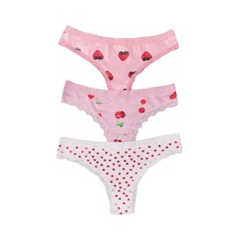 WDIRARA Women's 3 Pack Cute Graphic Panties Set Lace Trim Low Rise Comfy Thong Underwear Pink Large